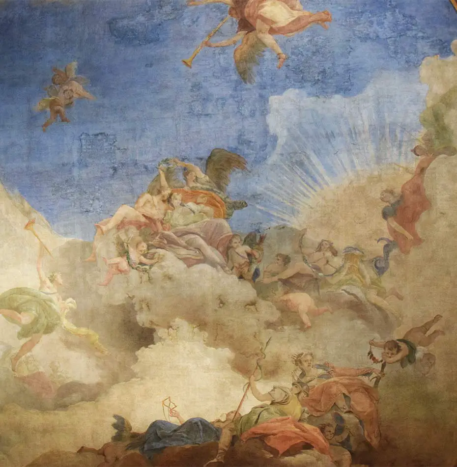 Fresco Eheliche Concordia, gekrönt von Tugend in Gegenwart von Gerechtigkeit, Klugheit, Mäßigkeit, Ruhm, Fülle - Ca' Rezzonico Museum